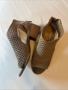 Lucky Brand Taupe Perforated Open-Toe Block Heel Sandals
